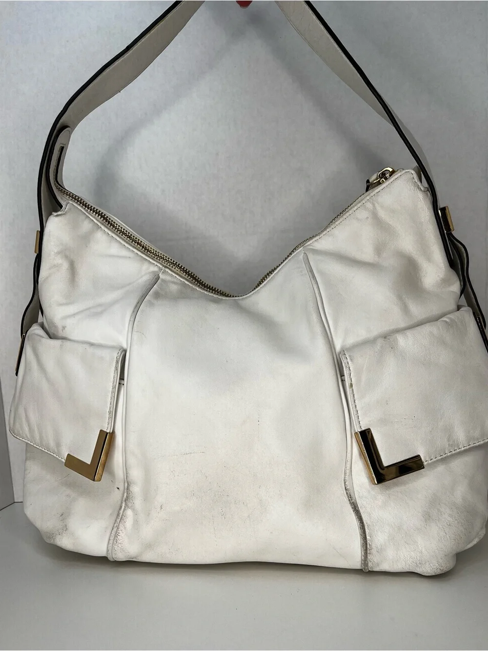 Michael Kors White Leather Large Hobo Shoulder Bag Gold Hardware Purse - Picture 2 of 13